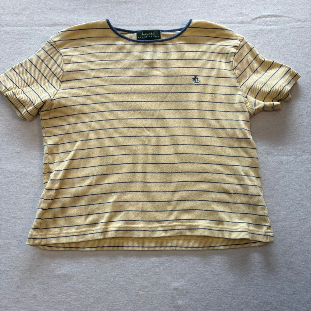 Lauren Ralph Lauren, Ribbed Striped Tee, Yellow, Large, Good, MSRP $50